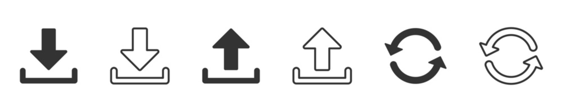 Download, upload and refresh icon set in solid and outline style. Vector illustration