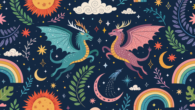 Seamless pattern with magical dragons, suns, moons, rainbows, and stars on a dark blue background whimsical celestial fantasy illustration