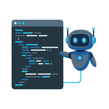 AI Code Assistant, Robot Pointing To Developer Console With Syntax Highlights, Clean Professional Style, Smart Technology Symbols, Isolated Vector Illustration