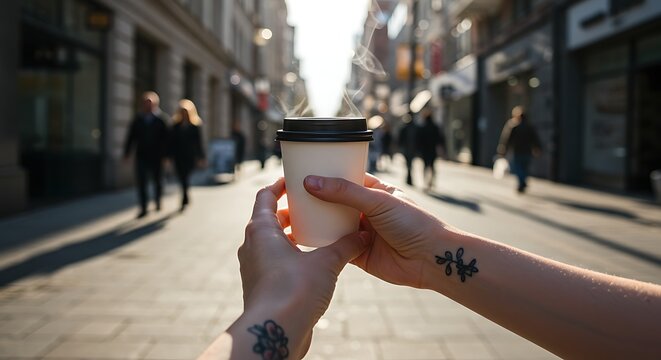 Pessoa segurando x&iacute;cara de caf&eacute; ao ar livre com fundo desfocado de rua