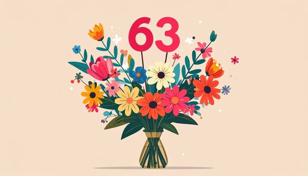 Vibrant Flower Bouquet with Number 63 for Birthday or Anniversary Celebration
