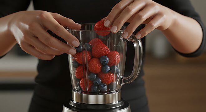 Preparando um smoothie saud&aacute;vel com frutas vermelhas frescas no liquidificador