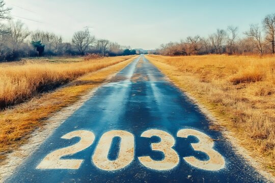 A Serene Pathway to the Future Empty Asphalt Road with White Numbers to Twenty Thirty-Three
