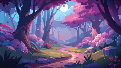 Fototapeta premium Pixel art landscape of a magical pink forest with a path under a bright full moon Vector