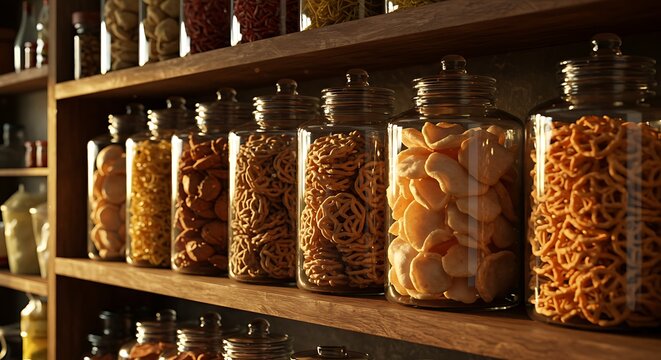 Variedade de salgadinhos e alimentos em potes de vidro sobre prateleiras de madeira.