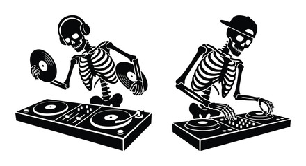 skeleton silhouette djing on turntables silhouette high quality professional detailed © Mama