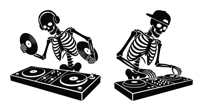 skeleton silhouette djing on turntables silhouette high quality professional detailed