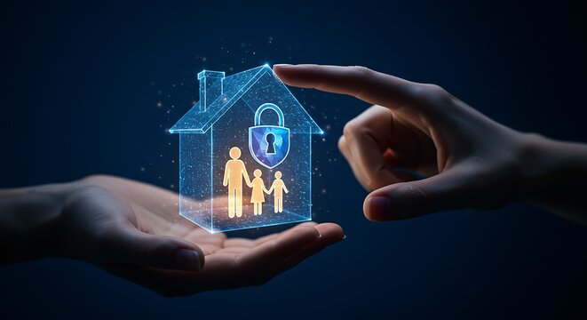 Conceito de seguran&ccedil;a residencial digital: silhueta de uma fam&iacute;lia dentro de uma casa protegida.