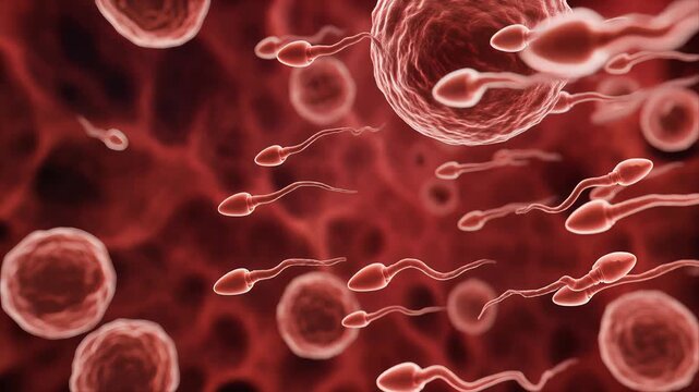 Microscopic view of animated sperm cells swimming towards an ovum amidst biological cells and organic textures, representing fertilization, conception, and new life in a science concept.