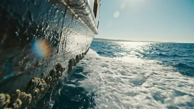 Low Angle Shot of a Boat Sailing Through Ocean Waves on a Bright Sunny Day with Barnacles on the Hull