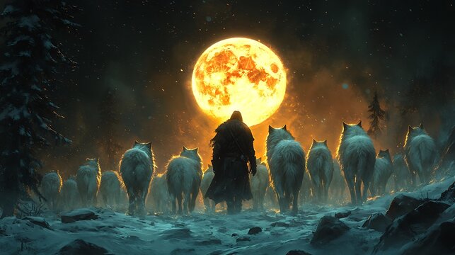 Person silhouette leading wolves under moonlight