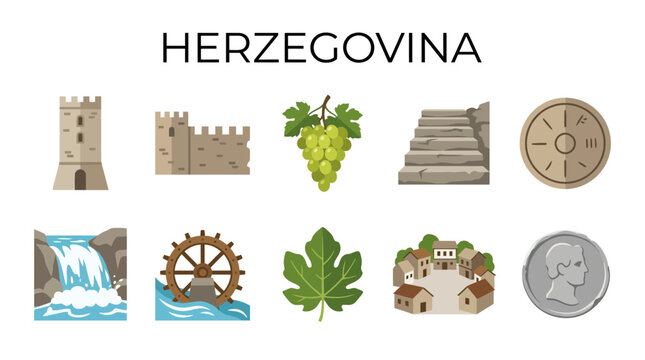 Collection of Icons Representing Herzegovinas Culture and Landmarks.