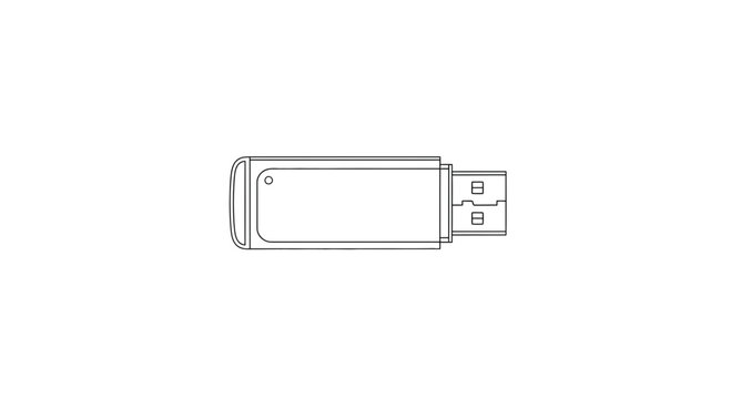 Clean outline drawing of a modern USB flash drive, a portable data storage device designed for quick file transfer and backup