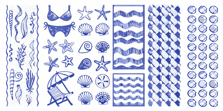 hand drawn coastal elements and patterns in blue sketch style