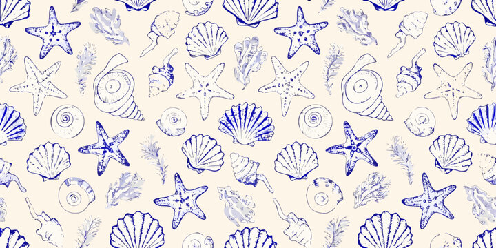 nautical pattern with seashells and starfish hand drawn style