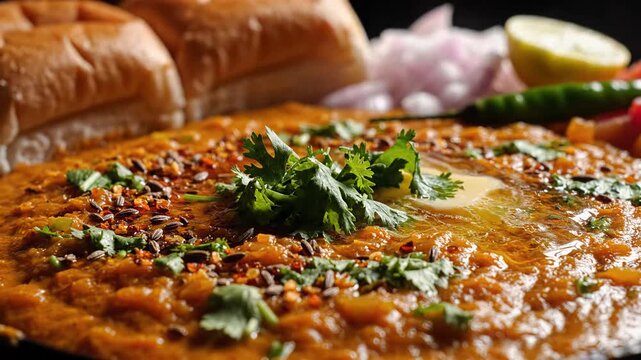Spicy mashed vegetable pav bhaji with butter and bread rolls, a vibrant close-up of indian cuisine.