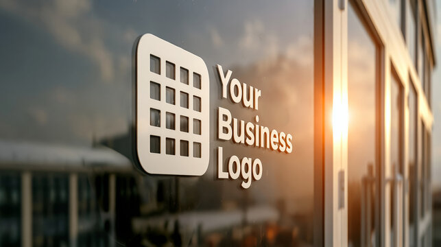 Business logo signage window glass mockup reflection modern office building exterior design branding idea concept for company identity