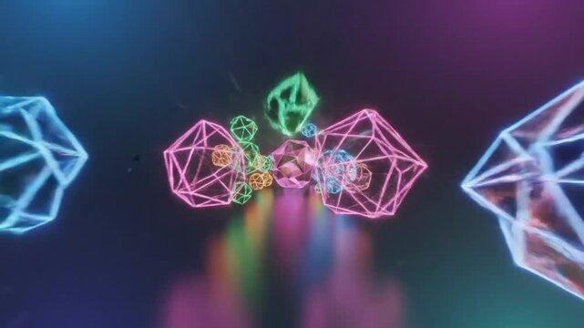 Abstract futuristic neon geometrical shapes particles floating through space with vibrant colors and light