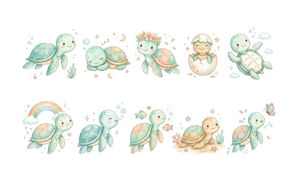 Soft Watercolor Baby Sea Turtle Clipart Set - 10 Cute Turtle Poses Swimming Sleeping Flower Crown Hatching Floating Rainbow Bubbles Fish Friends Seabed Butterfly Nursery Illustration
