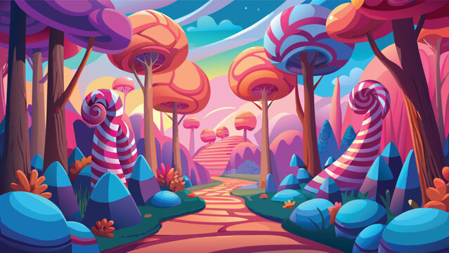 Colorful candy forest landscape with lollipop trees and a winding path in a magical fantasy world Vector