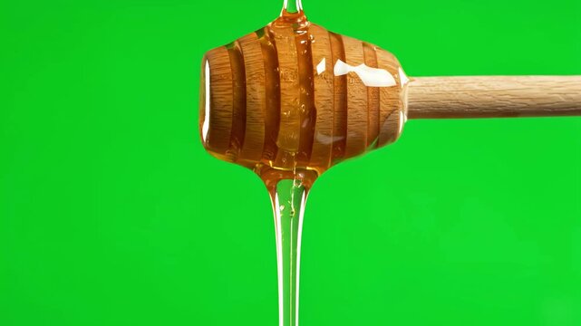 Golden Organic Honey Dripping from a Wooden Dipper Isolated on a Green Screen Background for Compositing