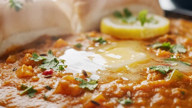 Macro shot of spicy indian pav bhaji with melting butter and lemon, served in a warm atmosphere.