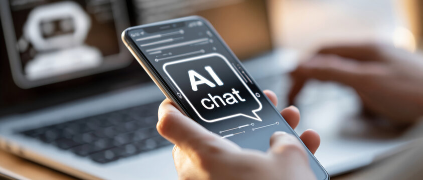 Ai chat smartphone laptop digital interface human hand artificial intelligence technology communication ai chat smartphone laptop digital