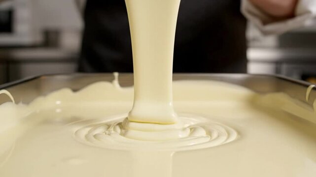 Chef carefully pours creamy white liquid substance into a rectangular metal baking pan in a kitchen