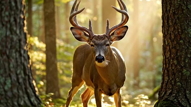 White-tailed deer buck with large antlers standing in a dense forest glade. Golden morning sunlight filters through the trees creating atmospheric sunbeams and backlighting.