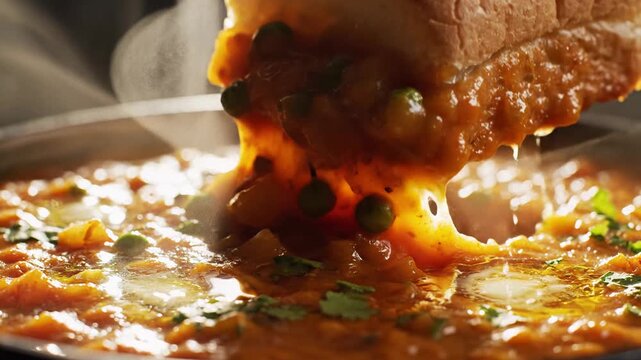 Steaming pav bhaji indian street food being dipped with soft bread in a warm, appetizing close-up shot.