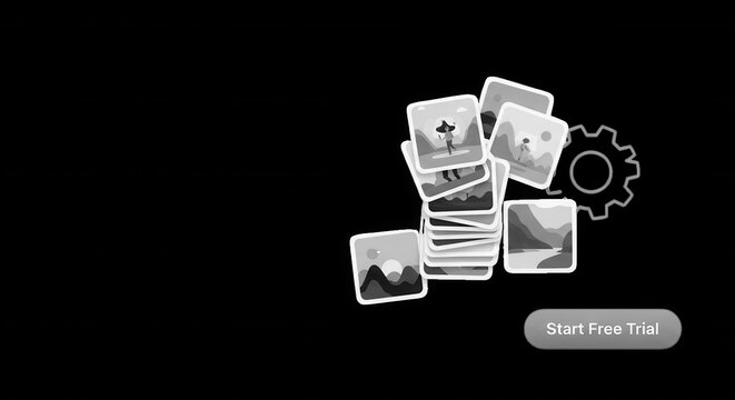 A stack of square thumbnails with landscape and a gear on a black background, with a start, free trial button