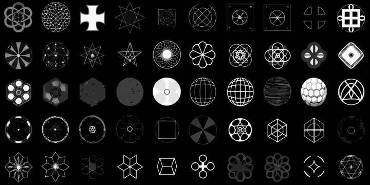 geometric shapes collection wireframe style on black background