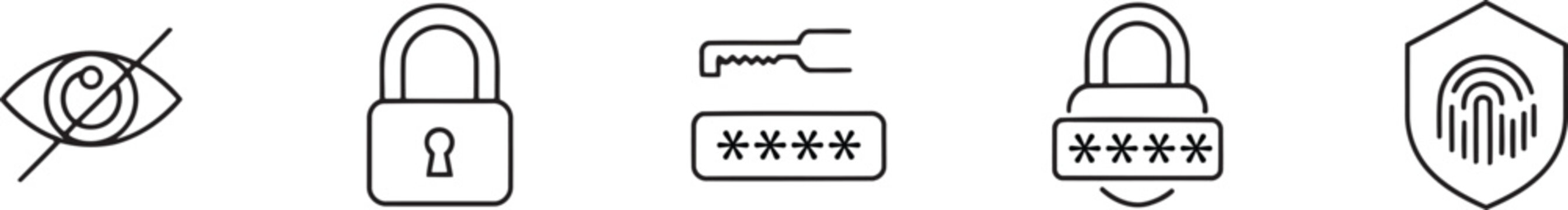 Security icons set no view padlock key with password locked padlock biometric scan