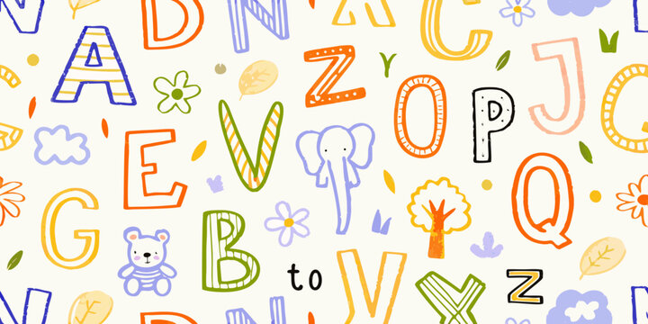 Colorful alphabet pattern with letters flowers and playful illustrations