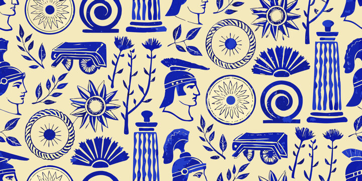 ancient greek pattern with helmet shield and floral elements