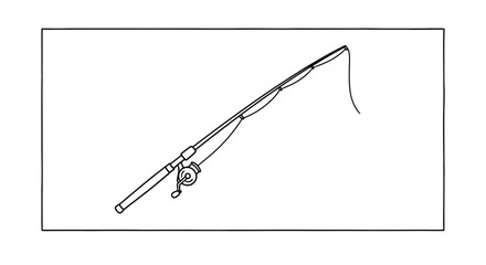 Fototapeta premium Fishing rod with reel and line, simple line drawing, isolated on white background