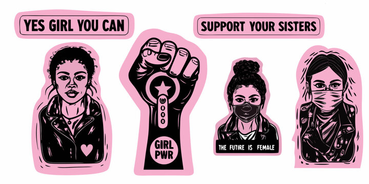 Feminist empowerment stickers with illustrations and motivational slogans pink background