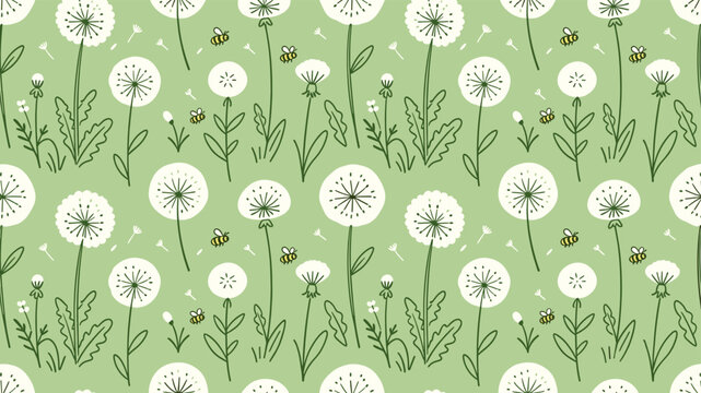 Dandelion flower seamless pattern with bees and wild grass green background