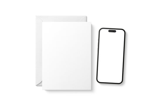 White 5x7 Euro Flap Envelope, Invitation Card and Smartphone Mockup Isolated on Transparent Background, PNG. High Resolution.