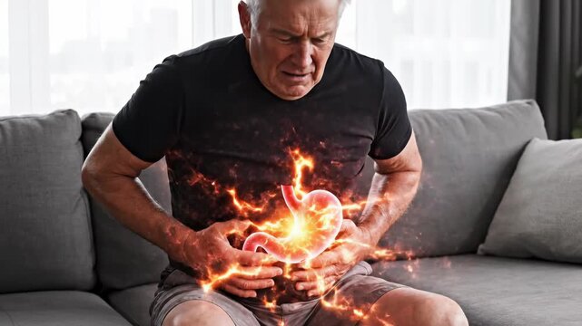 Senior man experiencing severe stomach pain and burning sensations, indicating digestive system problems like gastritis, stomach ulcers, and acid reflux, discomfort with fiery agony