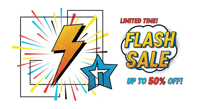 Flash Sale Lightning Bolt Star Burst Pop Art Comic Style - Up to 50% Off!