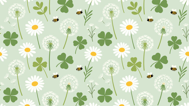 Daisy clover and dandelion seamless pattern with bees spring nature background