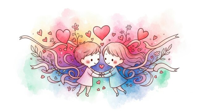 Cute Kids Holding Hands with Colorful Hearts and Flowers Background