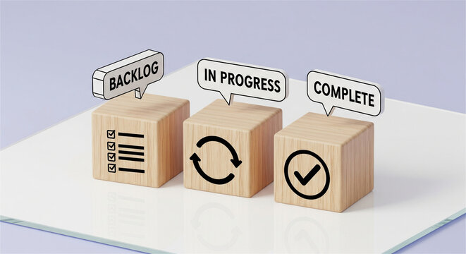 Agile project management wooden blocks, backlog in progress and complete workflow icons, scrum task tracking concept for business productivity