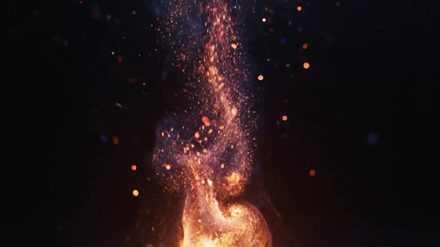 Abstract slow-motion shot of illuminated sparkling particles rising in dark space, representing energy and fire