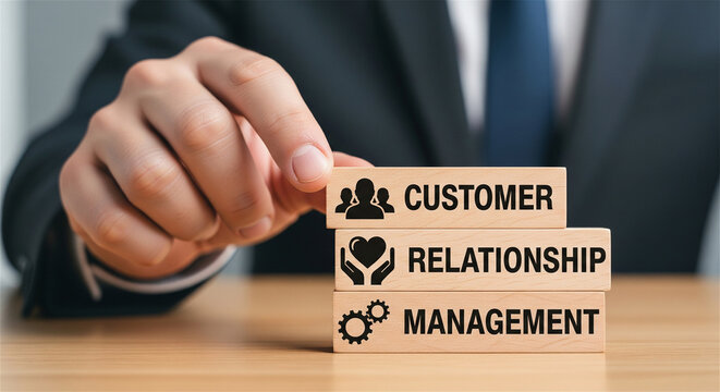 Customer Relationship Management concept with wooden blocks, businessman stacking CRM strategy bricks, corporate service and client retention