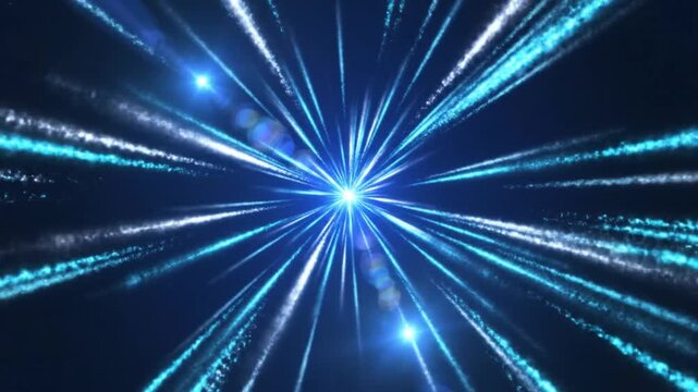 Abstract bright blue light streaks burst out from a central point of light on a dark background