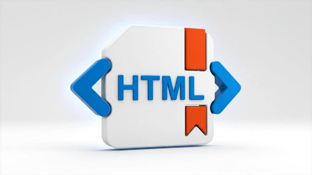 3D rendered animated white HTML file icon with blue brackets and orange tags, isolated on white background