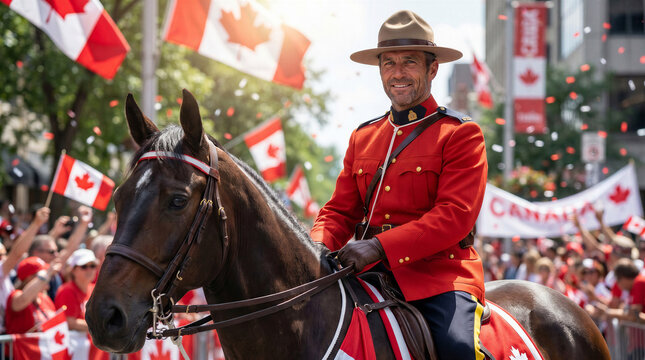 Canadian Mountie riding horse in parade with flags and crowd  