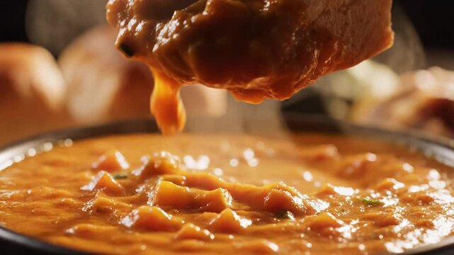 Macro shot of buttery bread dipping into spicy indian pav bhaji with a warm, appetizing mood.